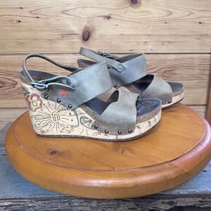 Art Company Antelope Wedge Platform Sandals Suede Floral Painted Boho Grey Brown